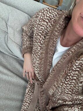 INTERMIX Cashmere Wool Simone Fringed Jacquard Cardigan Sweater Size S/M